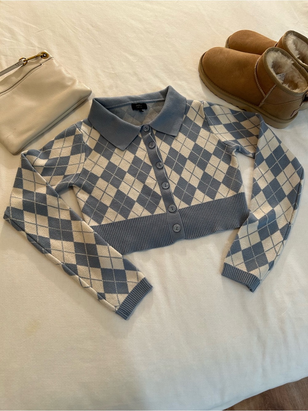 debut Cropped Argyle Polo Cardigan - Blue & Cream